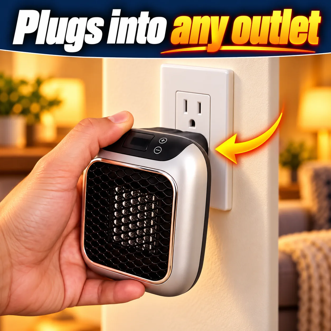 Hand plugging a compact TurboHeater into a wall outlet