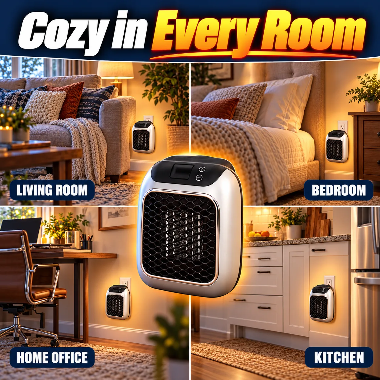 TurboHeater shown in a living room, bedroom, home office, and kitchen