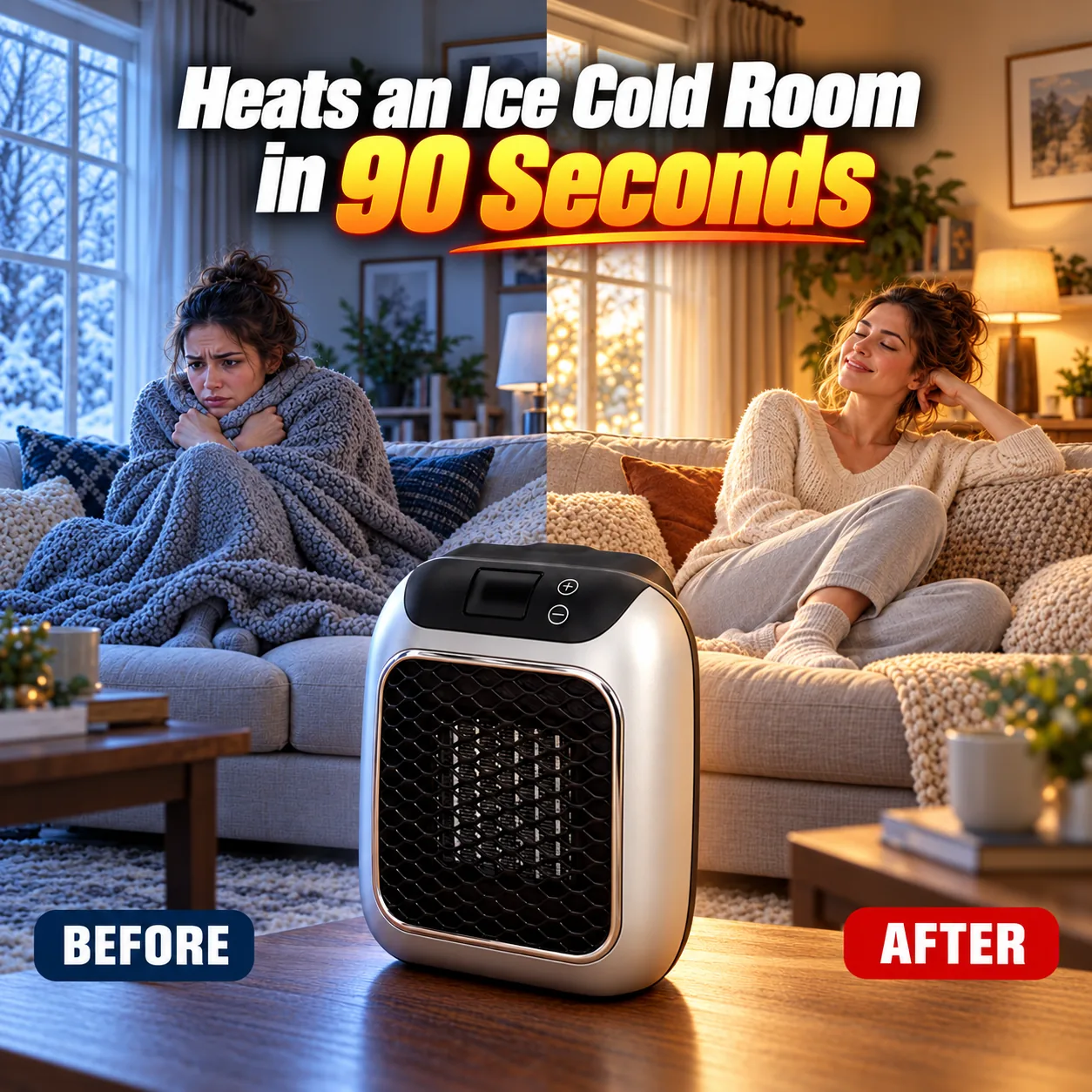 TurboHeater with a before-and-after comparison of a cold and warm living room
