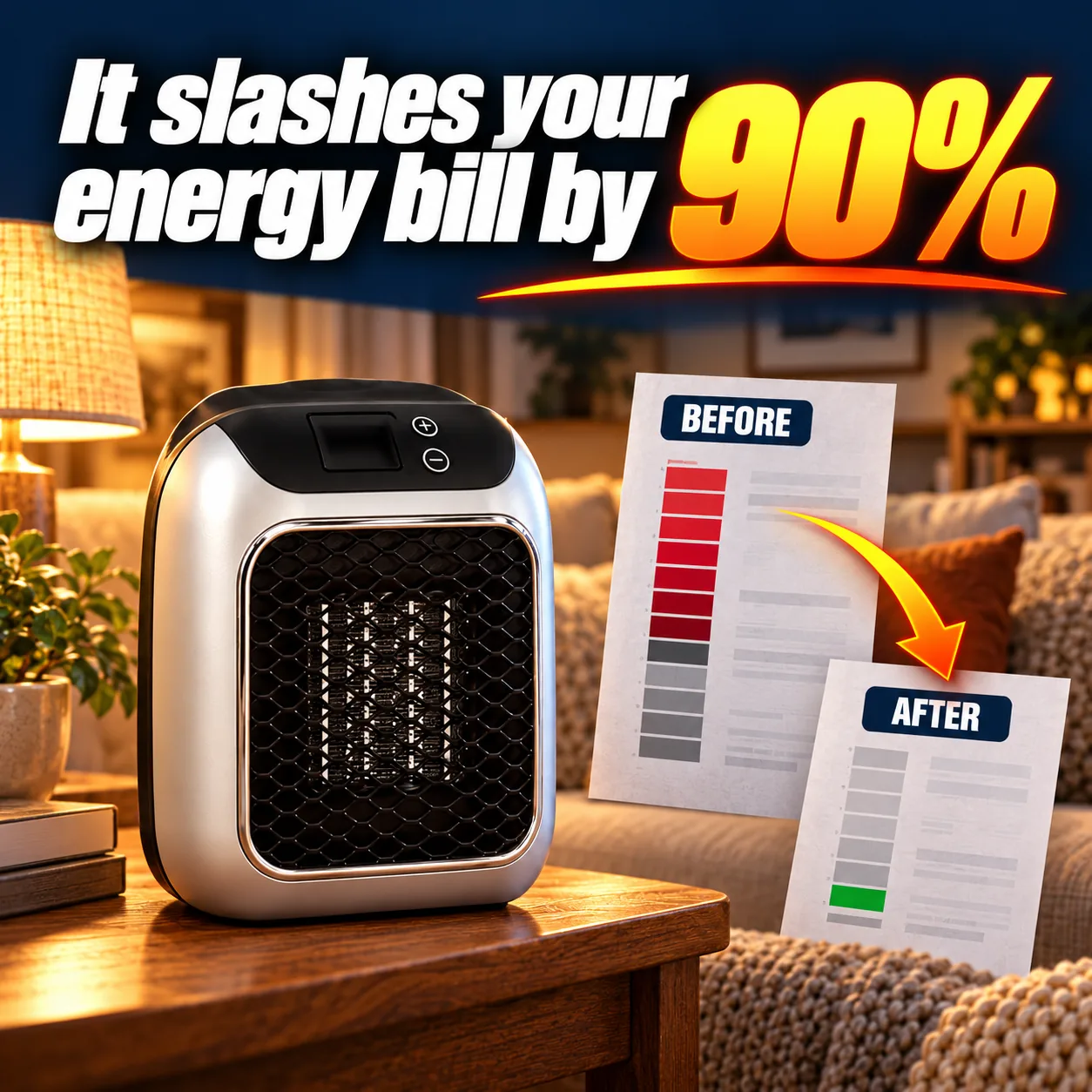 TurboHeater beside a before-and-after energy bill comparison