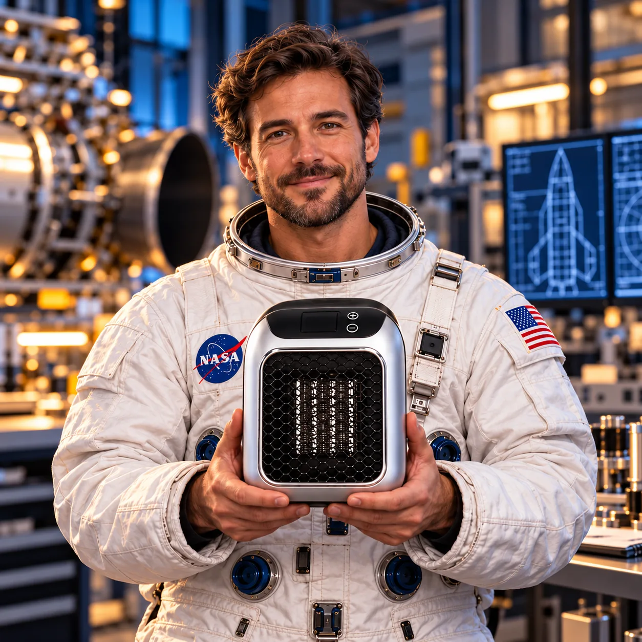 Man in a NASA spacesuit holding a portable TurboHeater in a laboratory